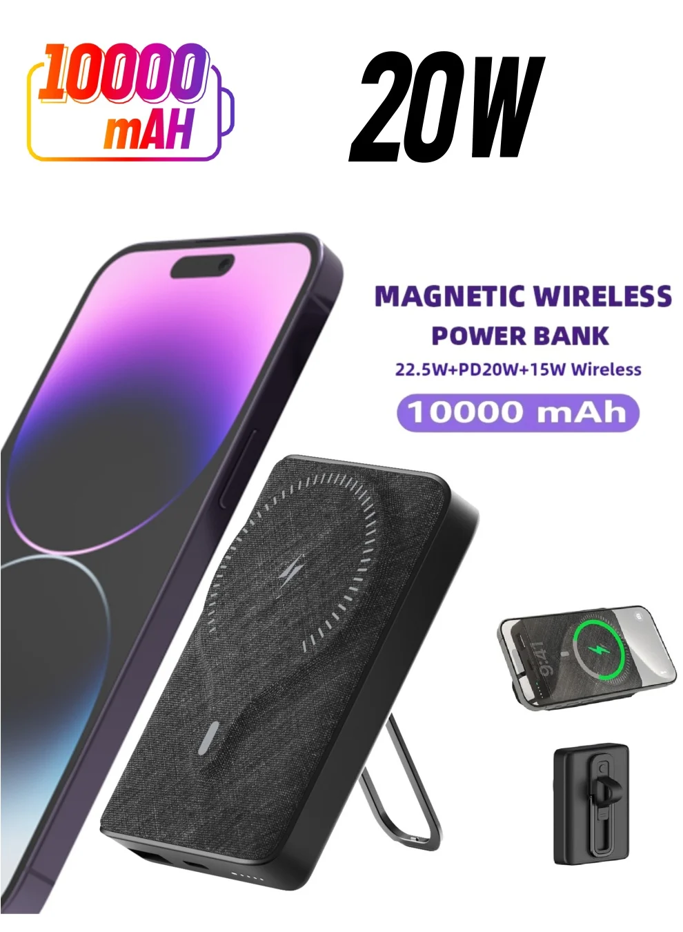 Brave Magnetic Wireless Power Bank 10000mAh Portable Charger with Stand 20W PD Fast Charging (Black, 10000mAh) tj4f7