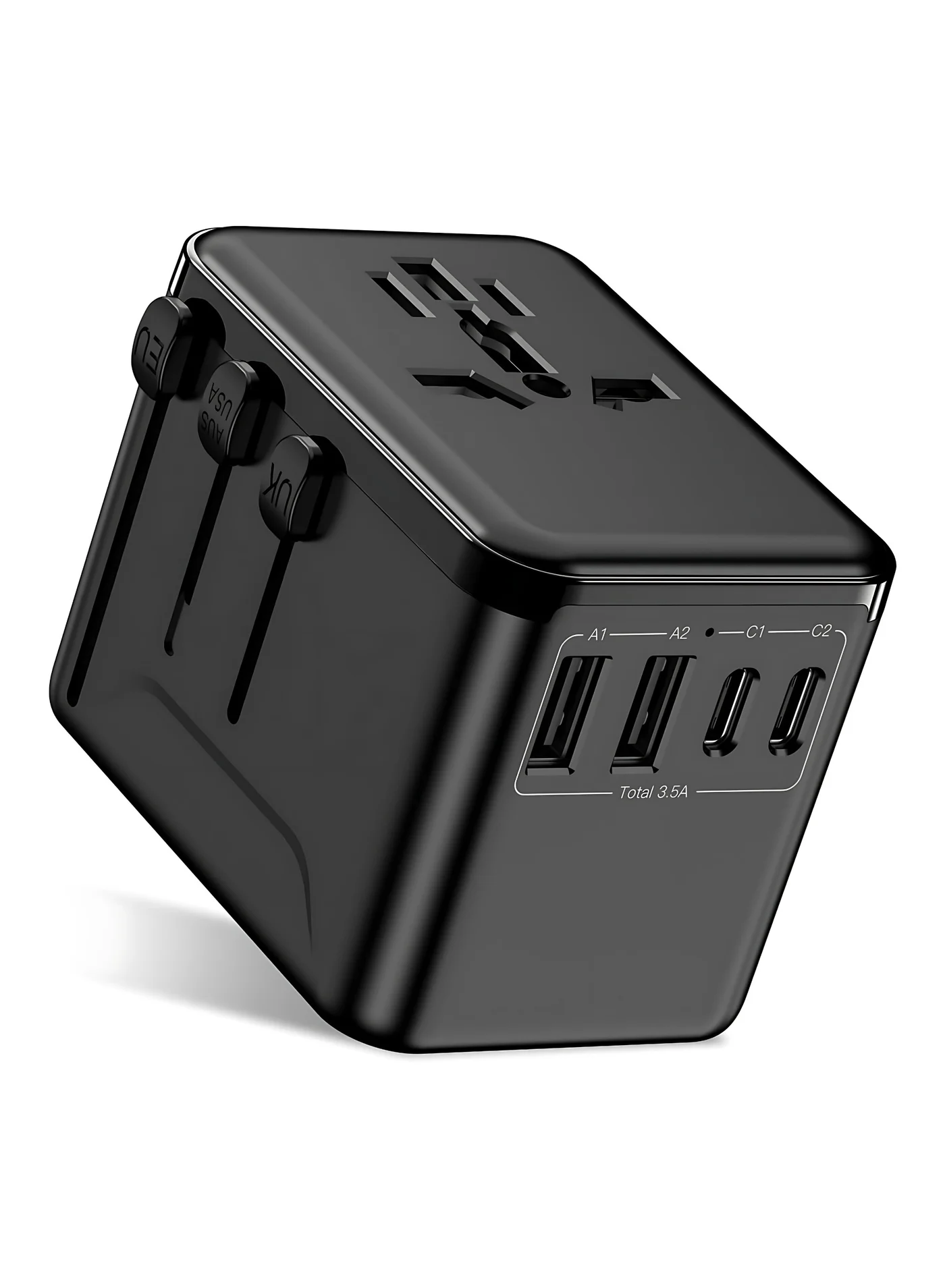 AREXA Universal Travel Adapter 5-in-1 Worldwide Plug with 2 USB-C & 2 USB-A Ports (Black, 3.5A Fast Charger) 59nuy