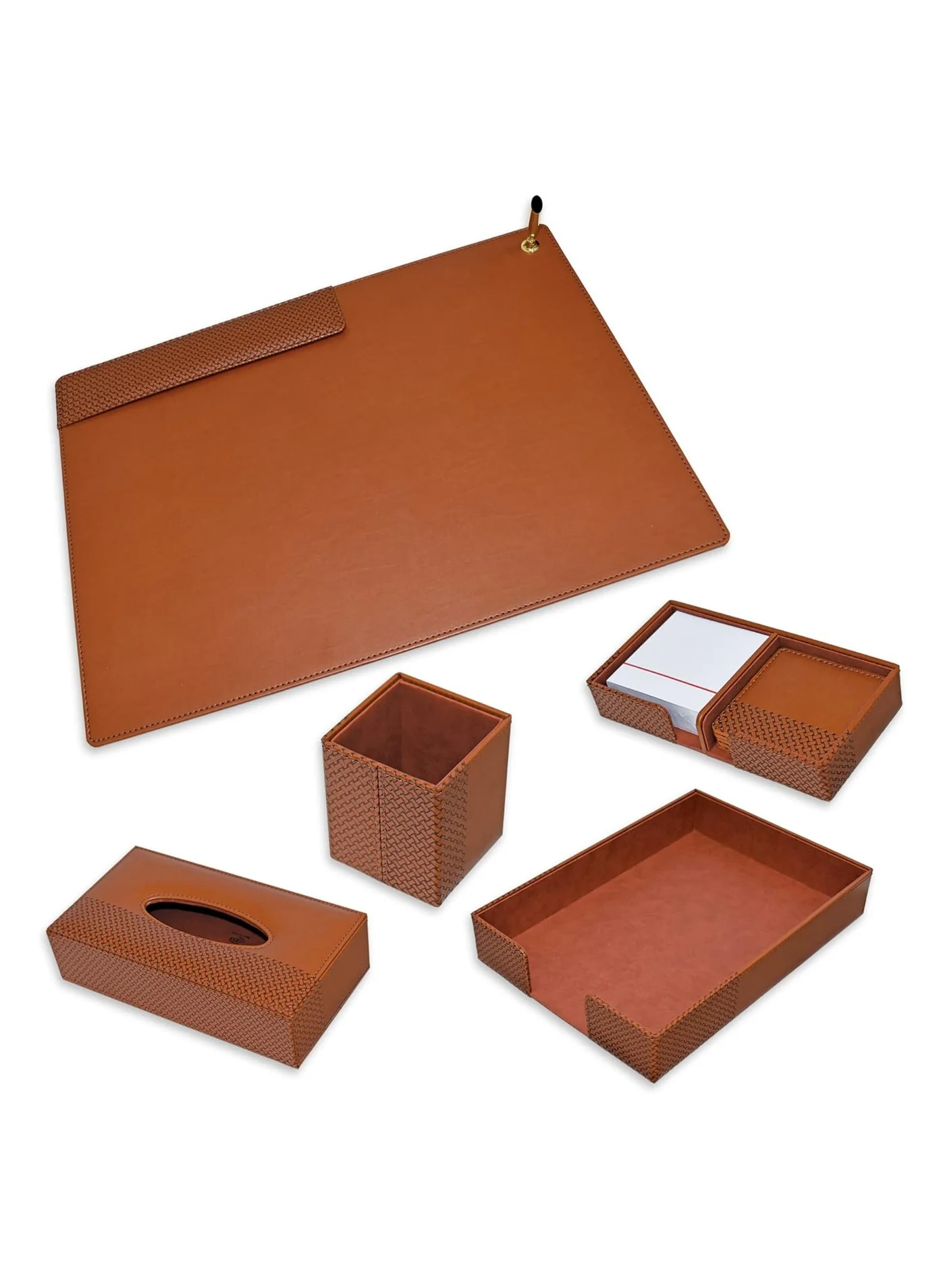 FIS Executive Desk Organizer Set (5-Piece, Premium Italian PU Leather, Brown) Professional Office Stationery Kit e9929
