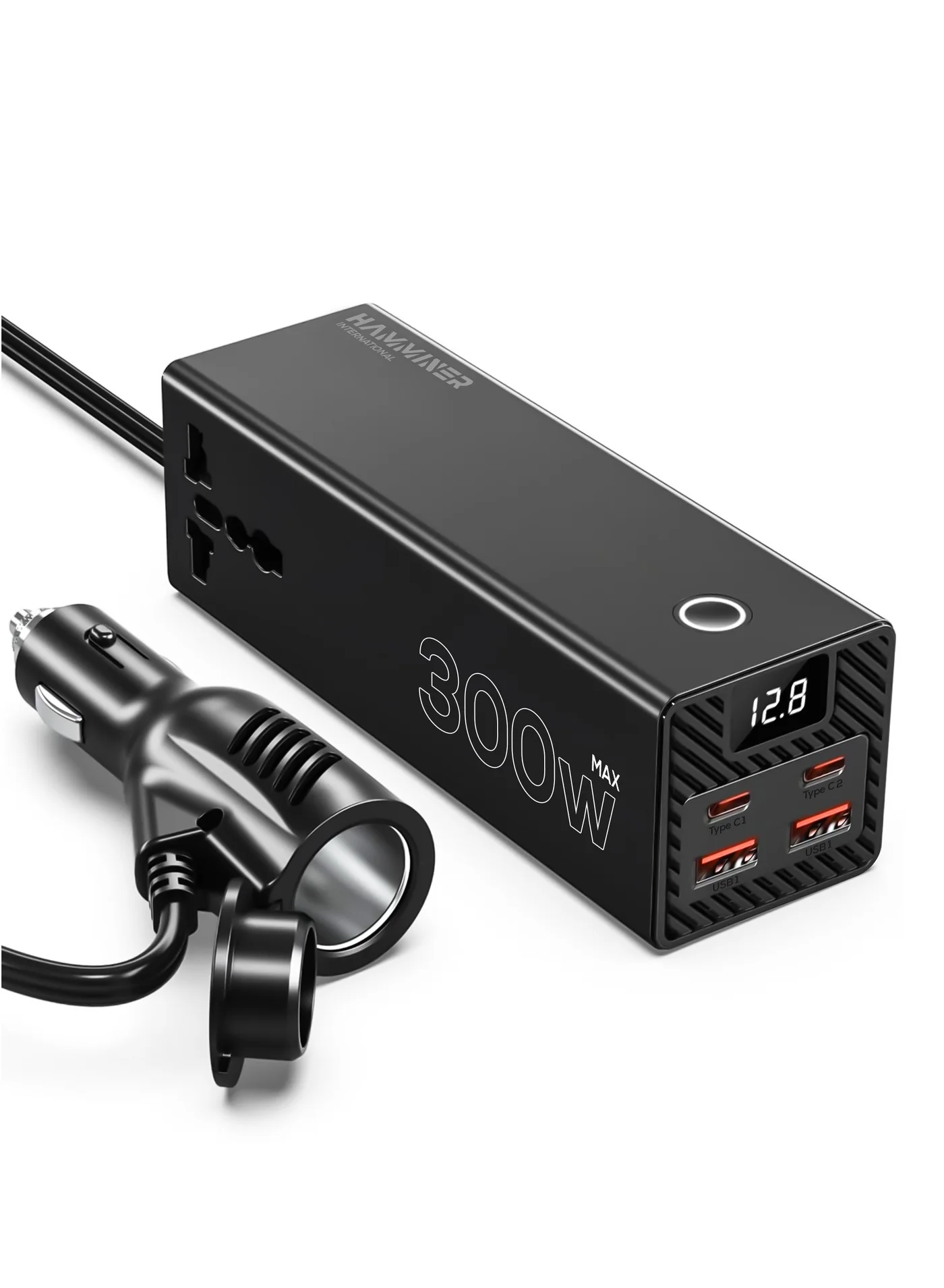 HAMMINER 300W Car Power Inverter DC 12V/24V to 220V AC Converter with 2 USB 2 Type-C Ports and 2 Universal Sockets (Black) xaby2