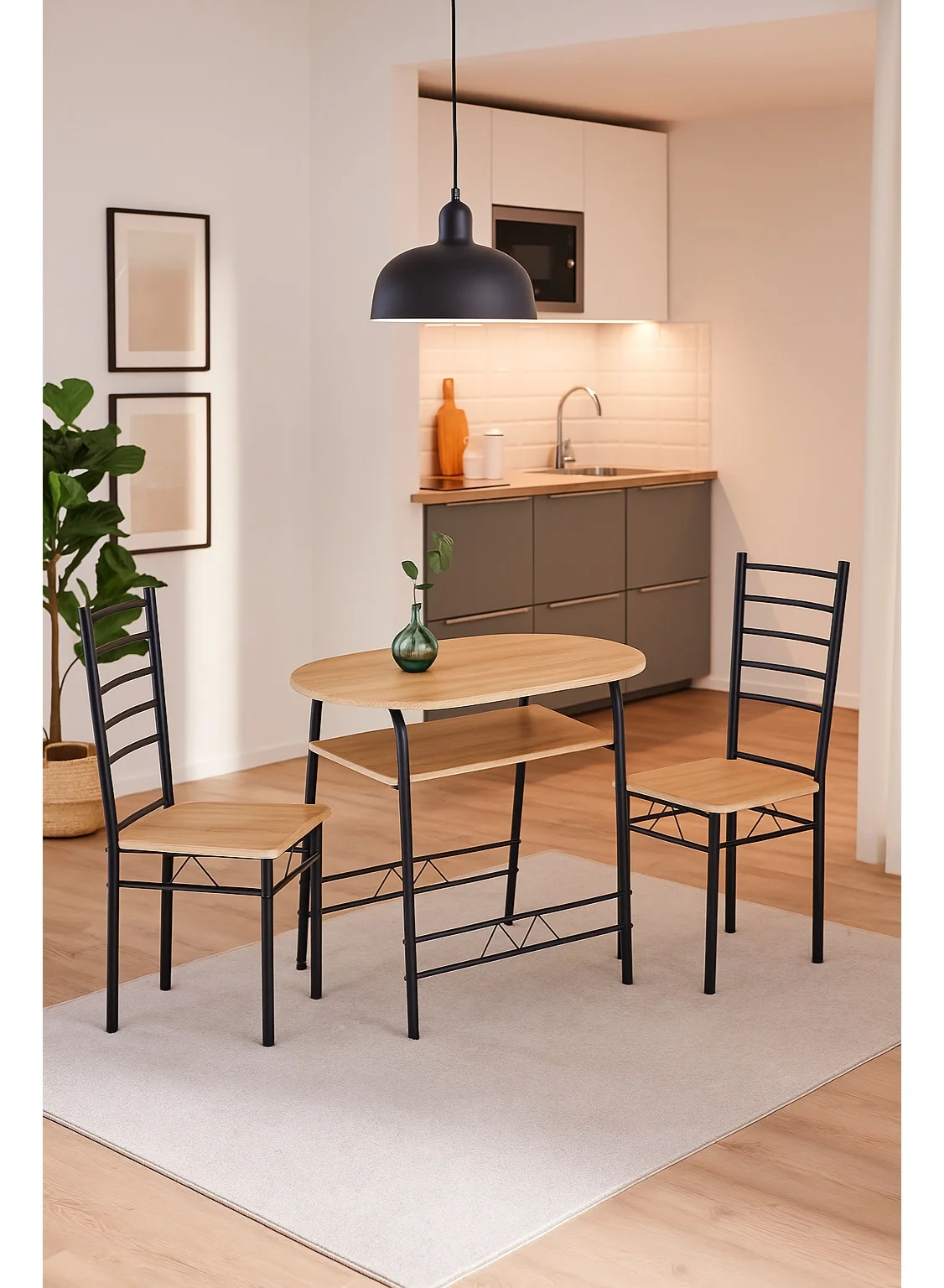 AFT 3-Piece Dining Table Set with 2 Chairs, Compact Kitchen Furniture with Natural Oak Wood Finish and Metal Frame cxfdl