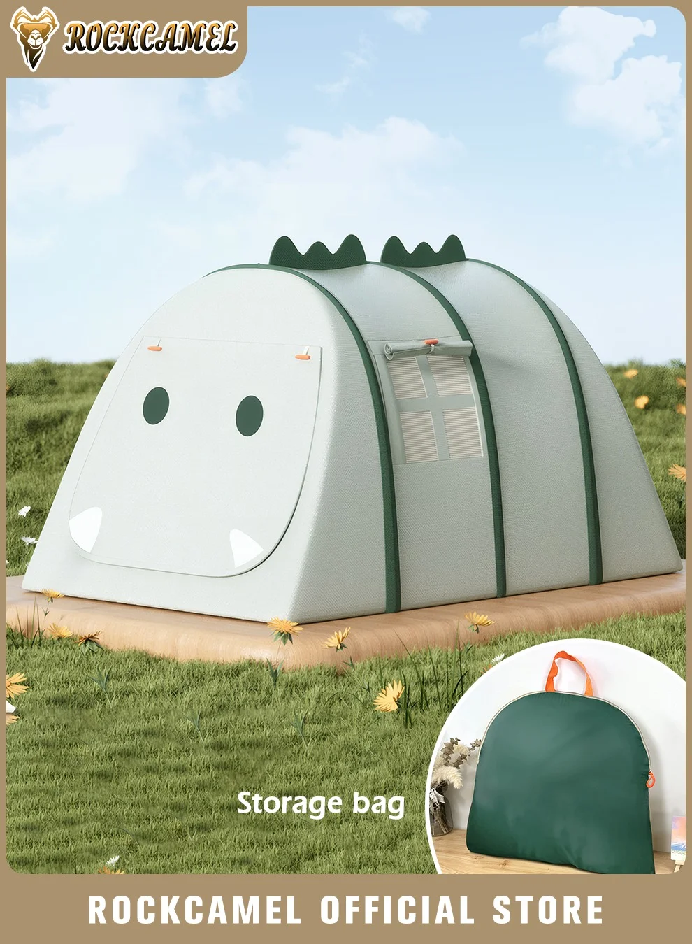 ROCKCAMEL Dinosaur Shaped Kids Play Tent, Pop-Up Playhouse with Mesh Windows for Indoor and Outdoor Use (132x102x82 cm, Green) al1qm