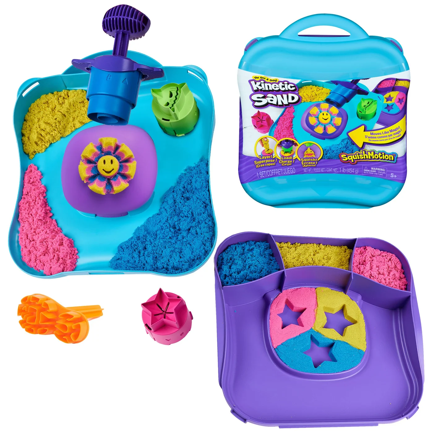 Sensory Play Sand Activity Set with Stamper and 5 Sculpting Tools (Pink, Yellow, Blue, 450g) 0zur2