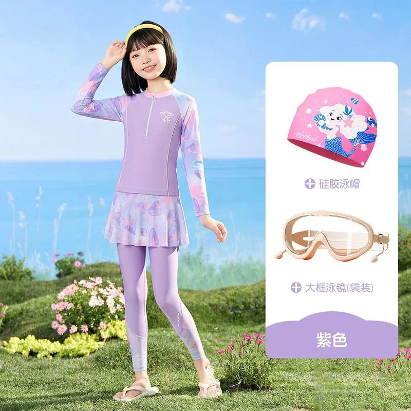 YouYou Girls Long Sleeve Swimsuit Set UV Protection Printed Swimwear (Kids, 120cm) 770k9