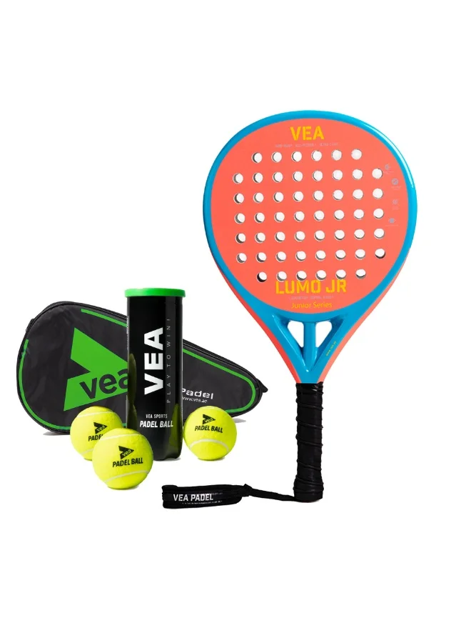 VEA LUMO Junior Padel Racket Set Premium Carbon Composite Racket with Padel Balls (Neon Orange, 320g) 15p4m