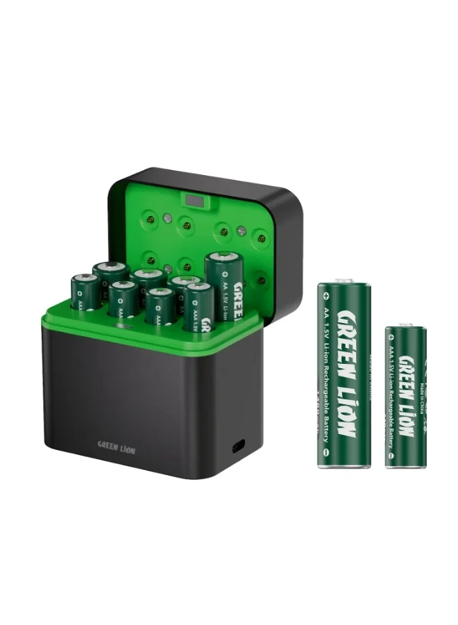 Green Lion Smart Battery Charger Dock for AA and AAA Rechargeable Lithium Batteries (8-Slot, USB-C, Magnetic Case) litm5