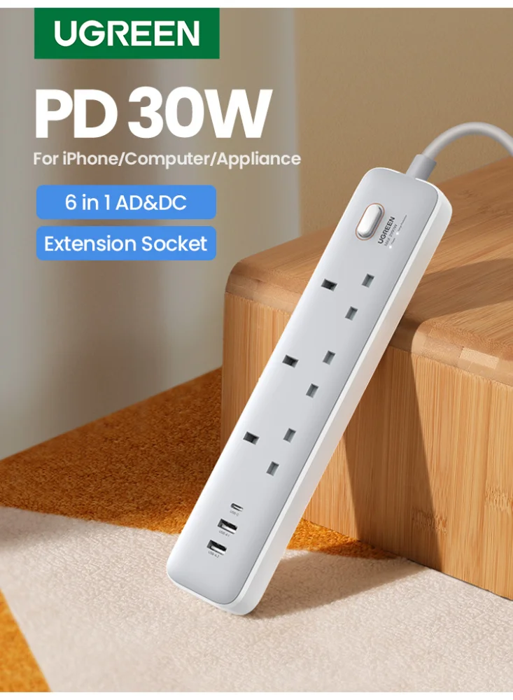 Premium Power Strip Extension with 30W PD USB-C and USB-A Ports, Surge Protection, 3 AC Outlets (2M Cord) f7mfl