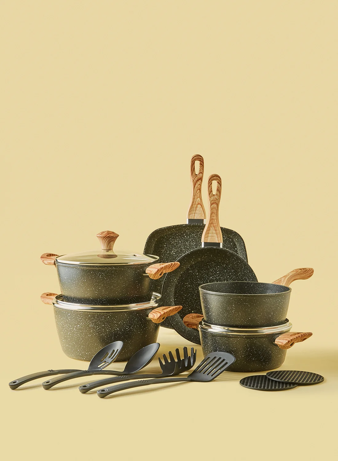 Noon East 15-Piece Aluminum Cookware Set Non-Stick Pots and Pans with Wood Finish Handles and Tempered Glass Lids (Black, 15-Piece) k1urk