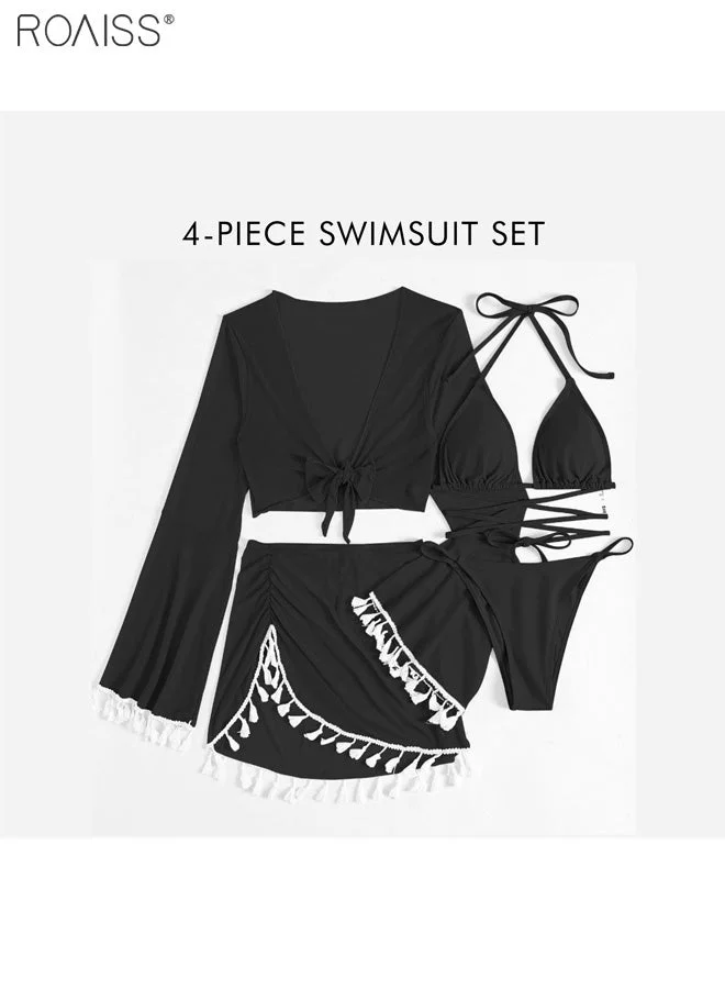 Roaiss 4-Piece Bikini Swimsuit Set with Cover Up and Skirt Bottom (Black, Adult) 9qwz9