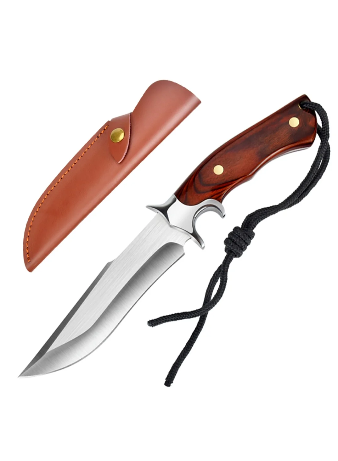 Astylway Fixed-Blade Steel Knife with Wooden Handle and Leather Sheath (25 cm) o9q9h