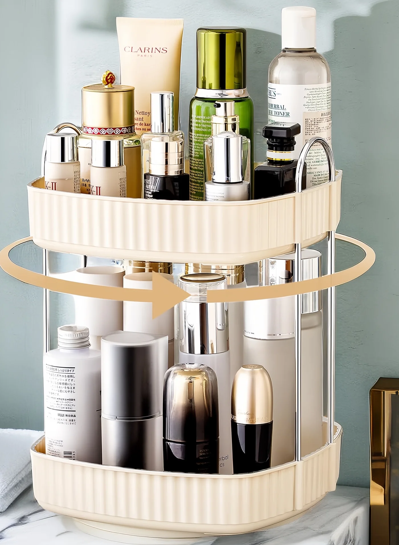 ONECIRCLE Rotating Makeup Organizer for Vanity (Double Tier, Cream White, 25 cm) mkuty