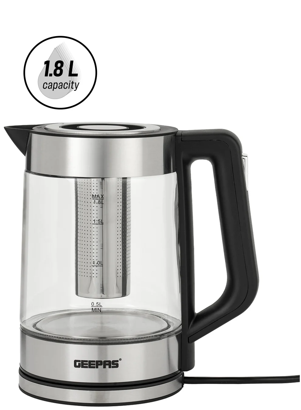 Geepas Electric Glass Kettle with LED Lighting and Stainless Steel Filter (Black, 1.8 L, 2200 W) r49ch