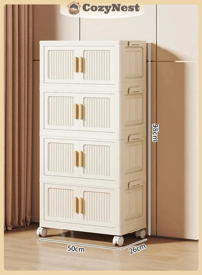 CozyNest 4-Tier Foldable Storage Cabinet with Flip Doors and Wheels (50cm Wide, White) d1nuk