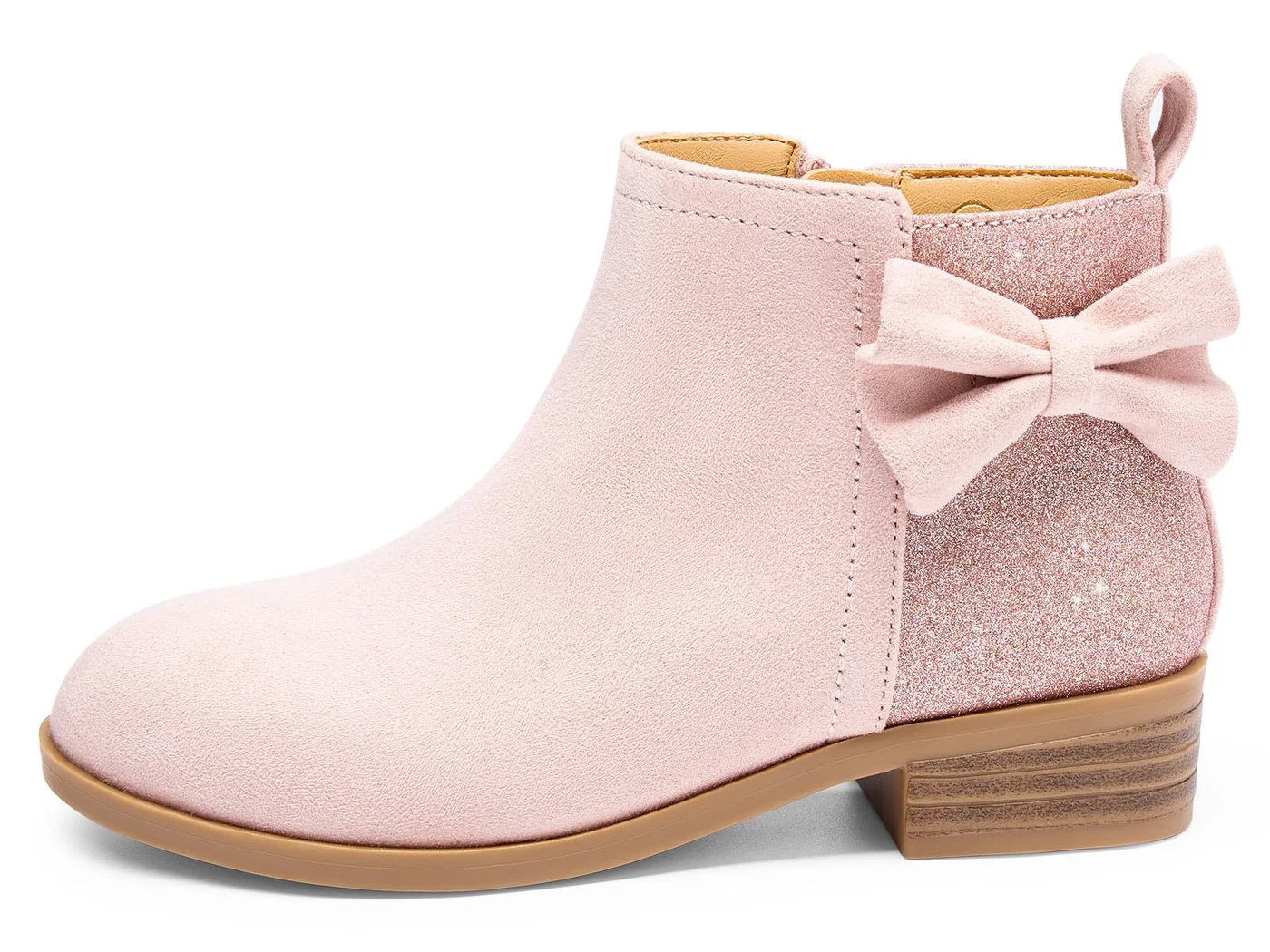 Girls Glitter Bow Ankle Boots Side Zipper Low Heel Dress Shoes (Pink, Size 2) w57vn