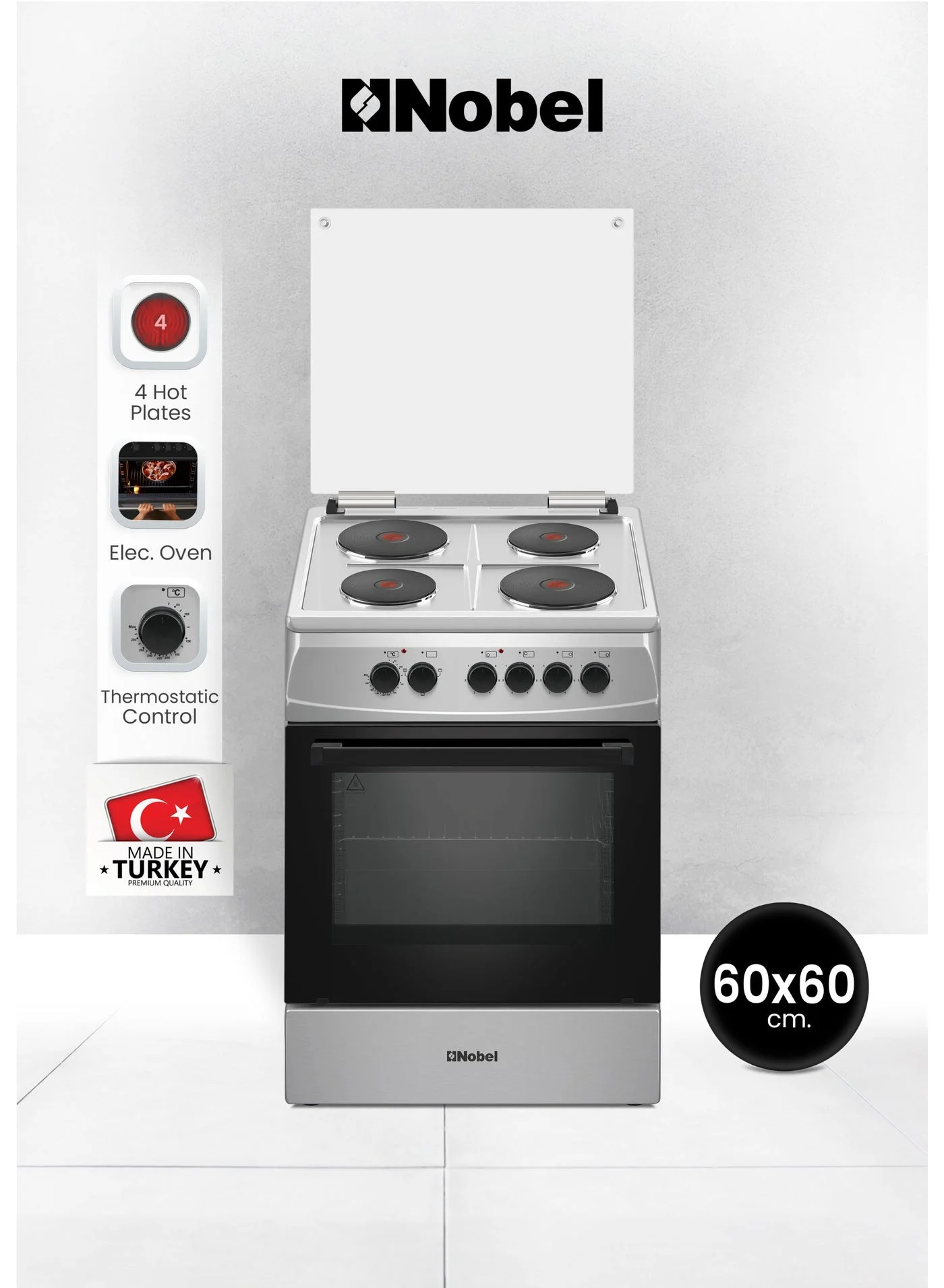 Nobel Electric Cooking Range 4-Hotplate Vitroceramic Freestanding Oven with 70L Capacity (Silver, 70L) p0i36