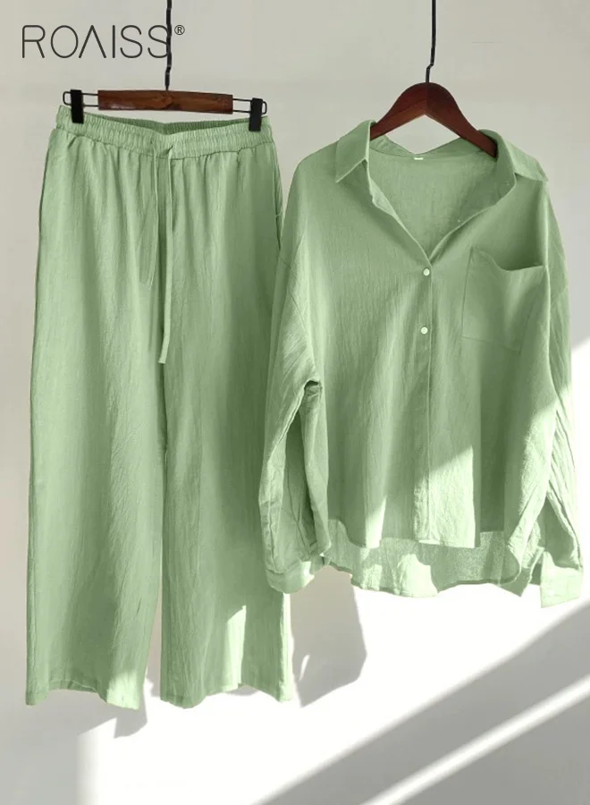 Roaiss Women 2 Piece Cotton Linen Set Long-Sleeve Lapel Shirt and Loose Pants Casual Summer Suit (Solid Color, Plus Size) dzy1a