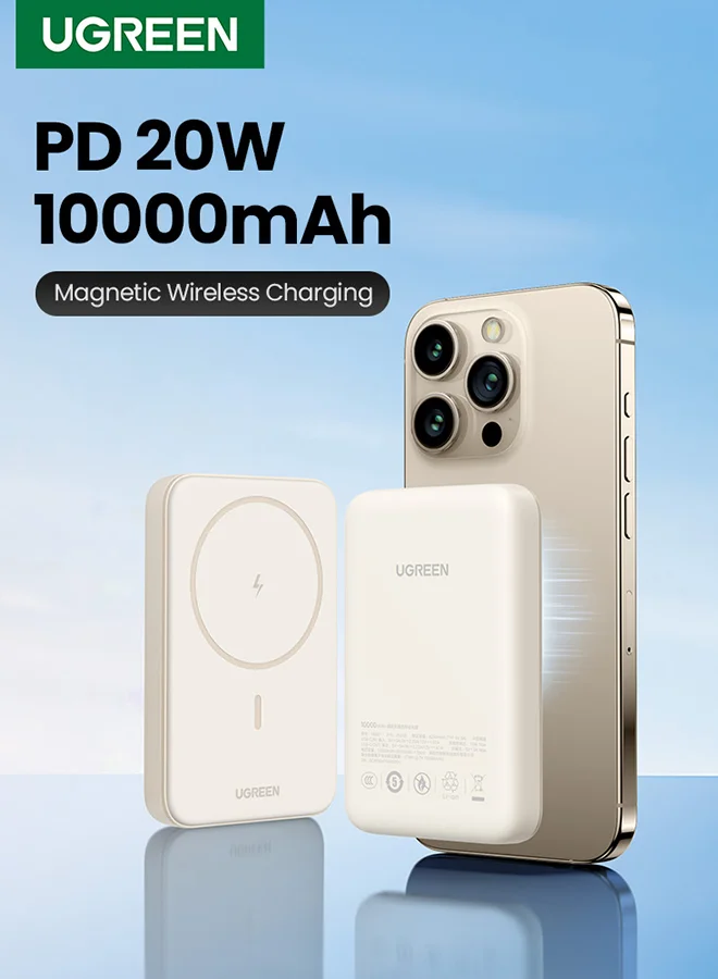 Ugreen 10000mAh Magnetic Wireless Power Bank Portable Fast Charger PD 20W (White, 10000mAh) yraxs