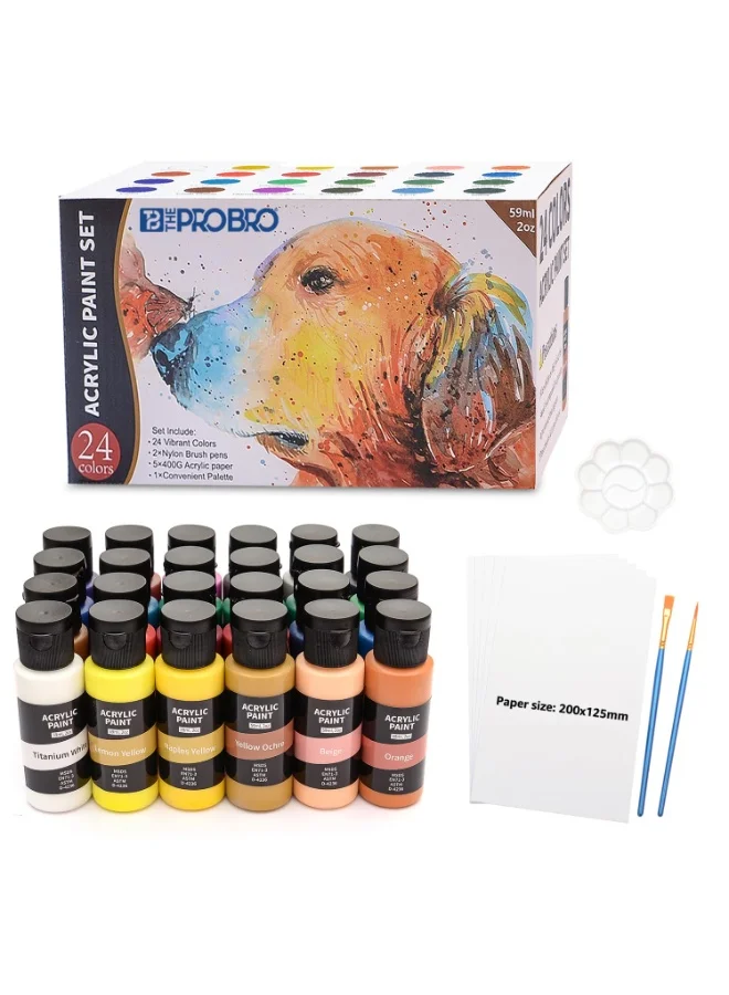 THE PRO BRO Acrylic Paint Set Professional Art Supplies with Brushes Palette and Paper (24 Vibrant Colors, 1416 mL Total) zbygk
