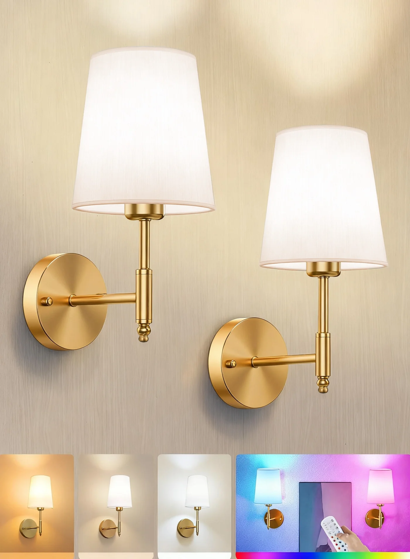 XICEN Battery Operated Wall Sconces Set of 2, Wireless RGB LED Wall Light with Remote Control, Dimmable & Timer Function for Bedroom and Living Room (10000mAh) zzbxn
