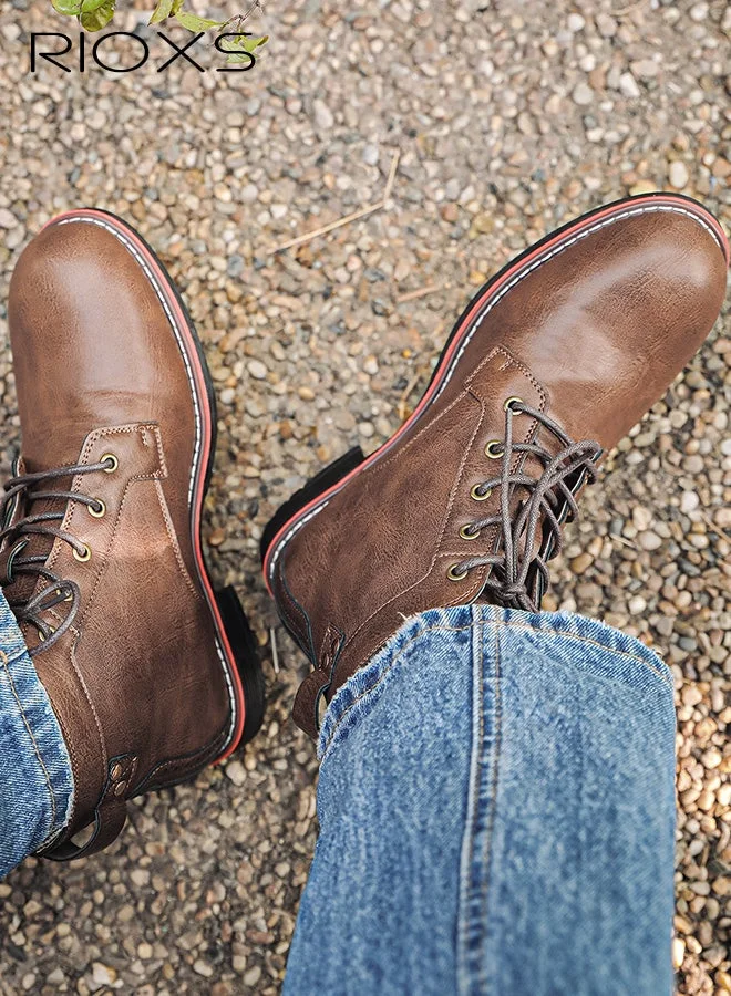 RIOXS Men's Leather Motorcycle Boots, Waterproof Lace-up Combat Ankle Boots, Retro Hand-sewn Fashion Chukka Booties (Brown, 42) ov58z