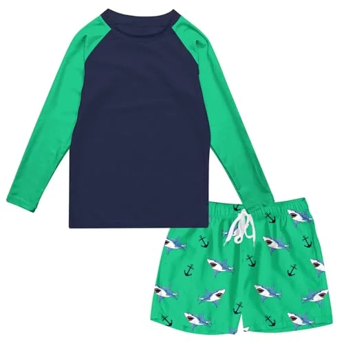 SunFocus Boys Rash Guard Swimwear Set Long Sleeve Shark Print Bathing Suit (Green, Kids) zrltk