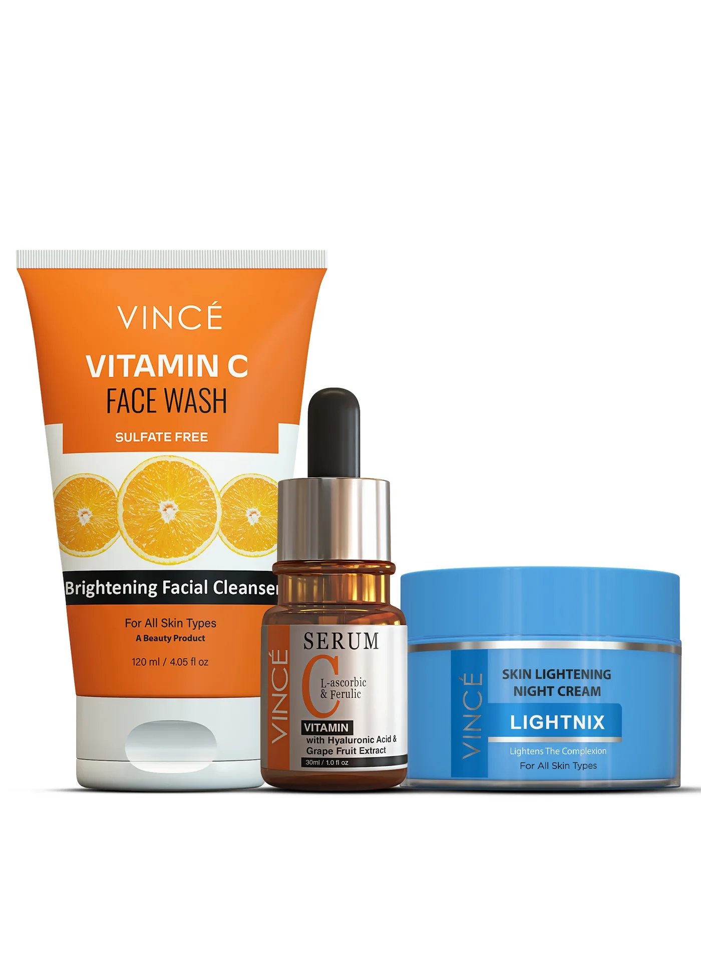 Vince Vitamin C Night Skincare Bundle (Face Wash 120ml, Serum 30ml, Night Cream 50ml) - Brightening & Hydrating Set for All Skin Types qb86t