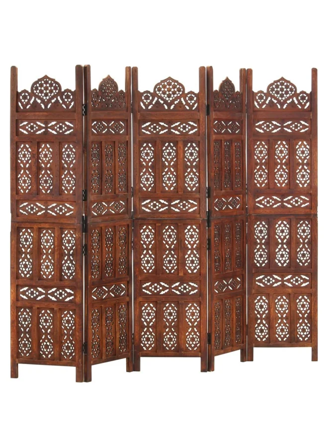 VidaXL Hand Carved 5-Panel Room Divider Solid Mango Wood Partition Screen (Brown, 200x165 cm) tz5ey