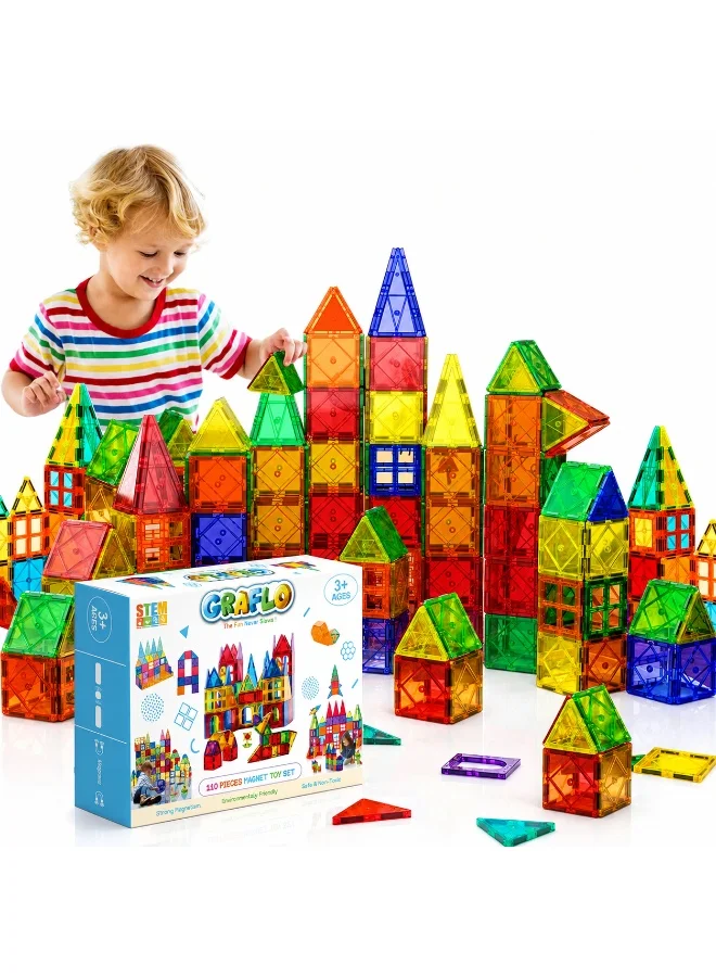 GRAFLO Magnetic Tiles Building Set 3D STEM Construction Blocks for Kids (110 Pieces) bsp5d