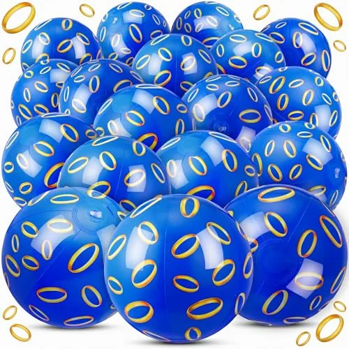 Inflatable Beach Balls Set Blue and Gold Ring Design Premium PVC Pool Toys for Kids Party Favors (18 Pack, 30 cm) x9246