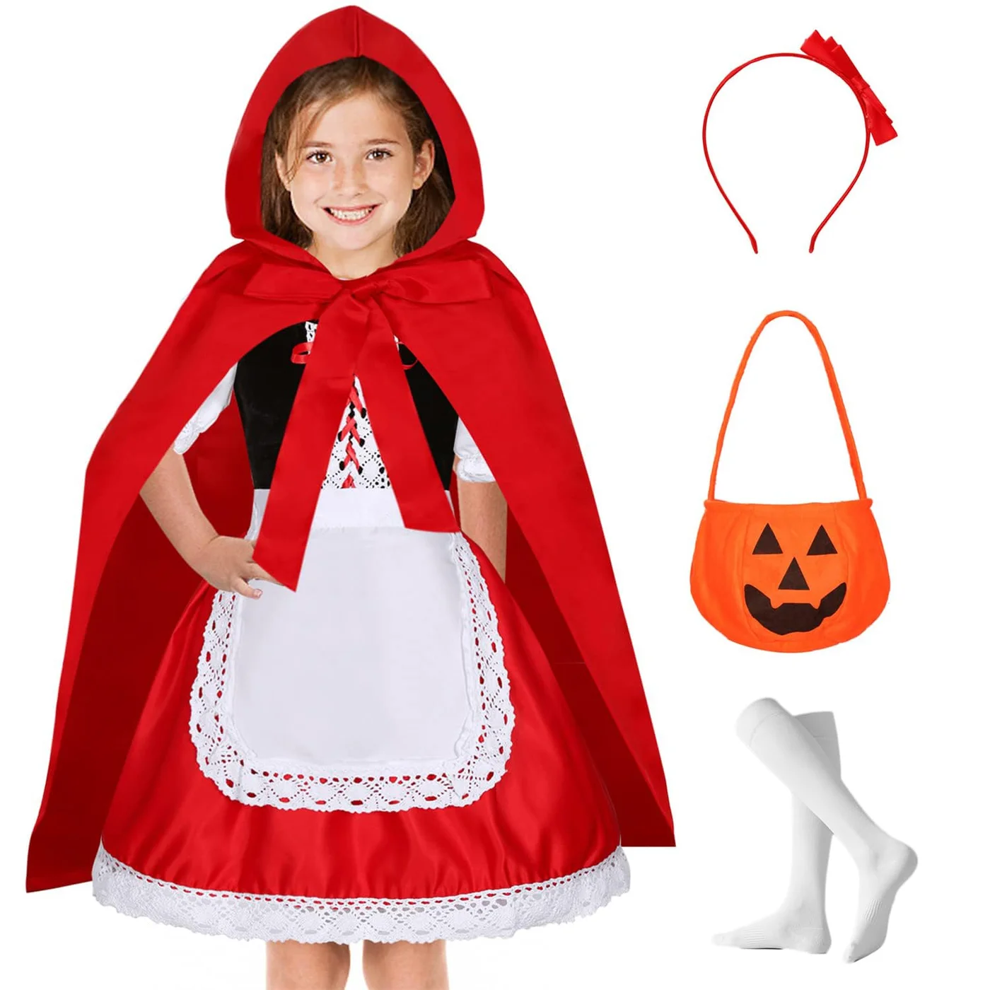 Mosong Little Red Riding Hood Costume Set for Girls Kids Halloween Christmas Cosplay Dress with Hooded Cloak (Red, Small) cm01q