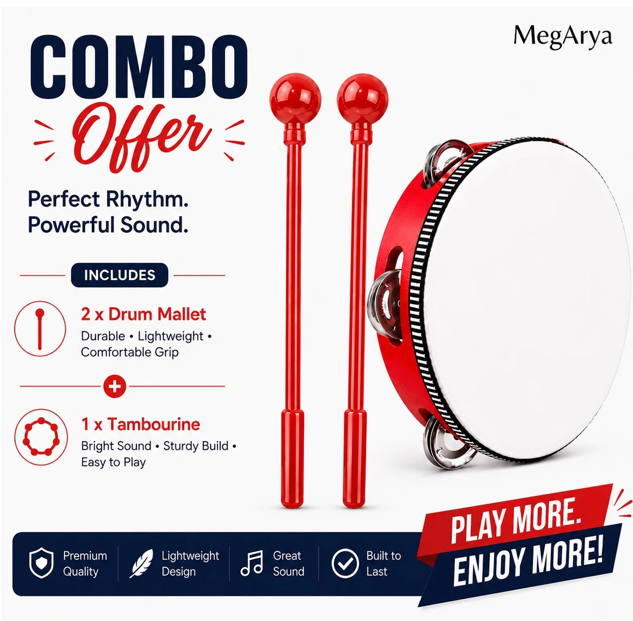Megarya 8 Inch Handheld Tambourine Percussion Instrument with 2 Drum Mallets (20 cm) 2u78e
