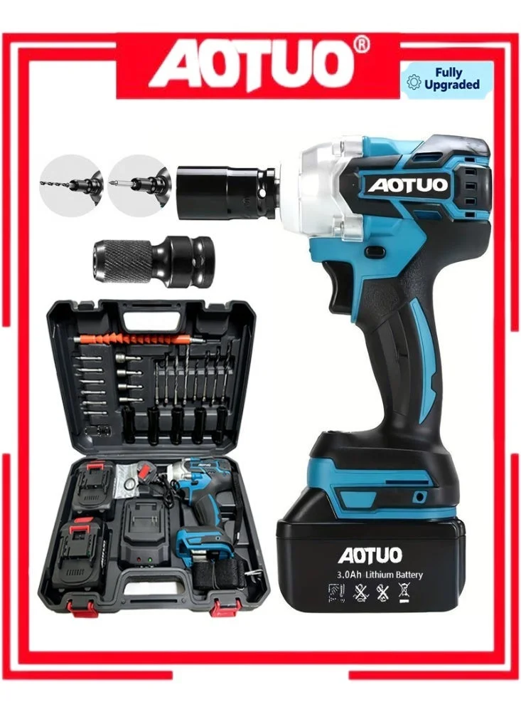 AOTUO Brushless Impact Wrench Power Tool Set with 2x 4.0Ah Lithium-Ion Batteries and Charger (98V) ea461