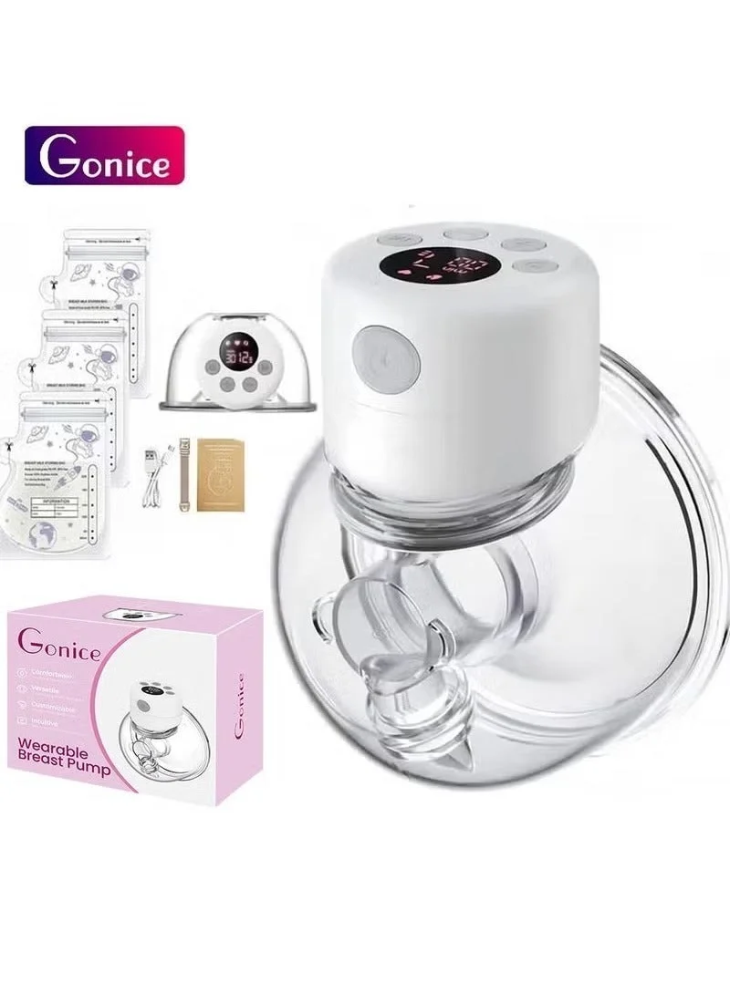 Gonice Wearable Hands-Free Electric Breast Pump with 2 Modes 9 Levels and 30 Pieces Breastmilk Storage Bags (Single Pack) 20xka