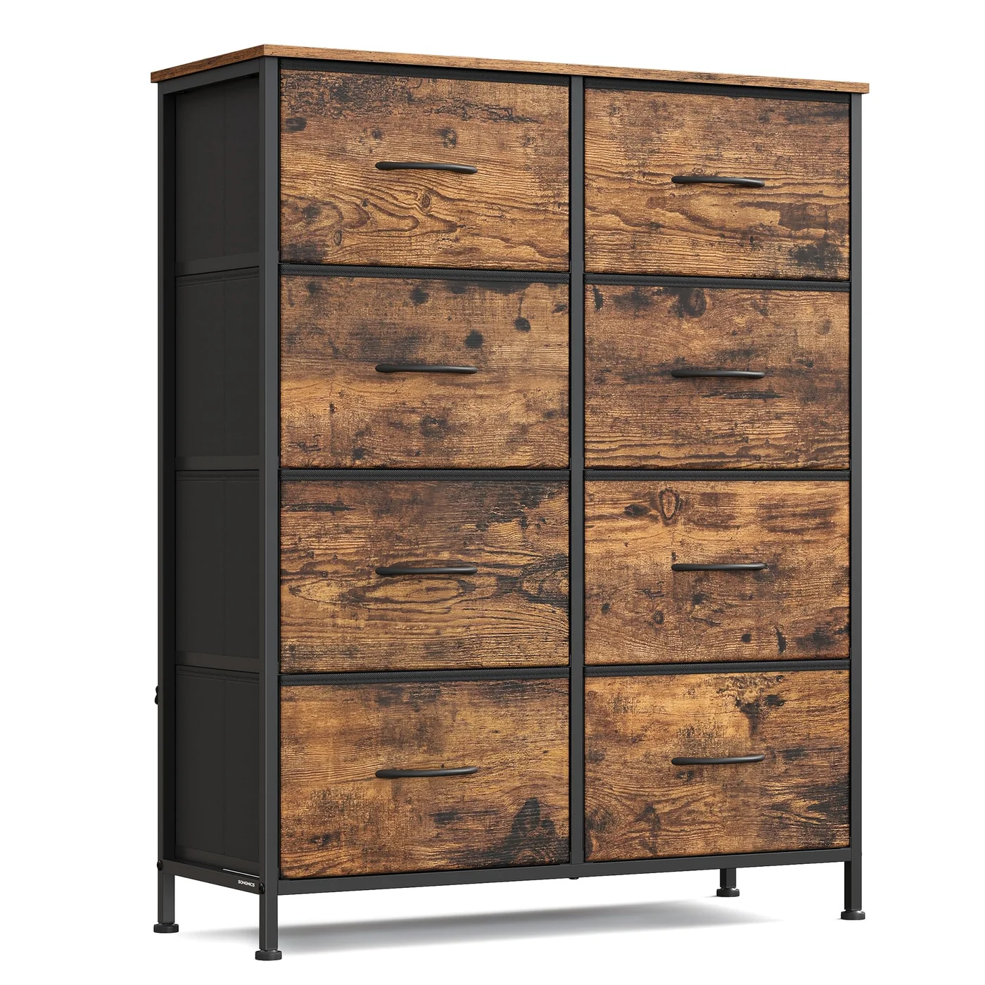 Premium 8-Drawer Storage Dresser Unit with Steel Frame and MDF Top for Bedroom and Entryway (Rustic Brown and Ink Black) g8vmb