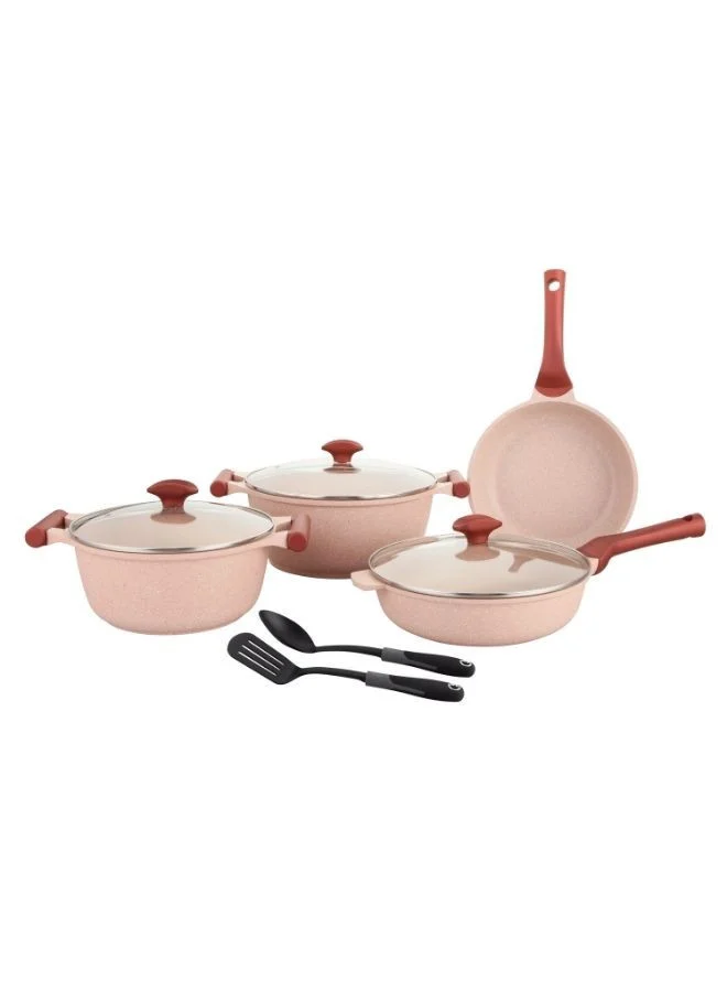 Prestige Essentials 9pcs Nonstick Granite Cookware Set (Aluminum, Induction Compatible, Pink, 9-Piece) hljyp