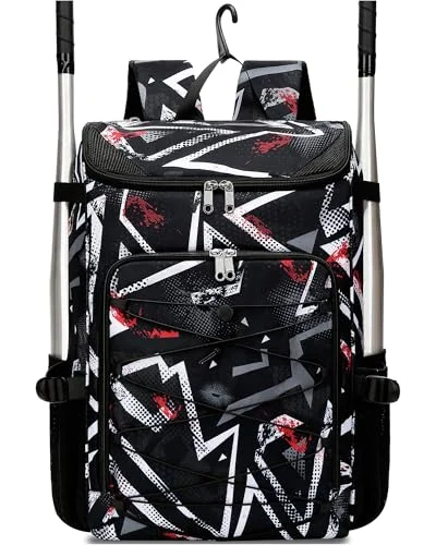FOKDUVB Baseball Softball Equipment Backpack with Ventilated Shoe Compartment (Black Geometric, Large) cep54