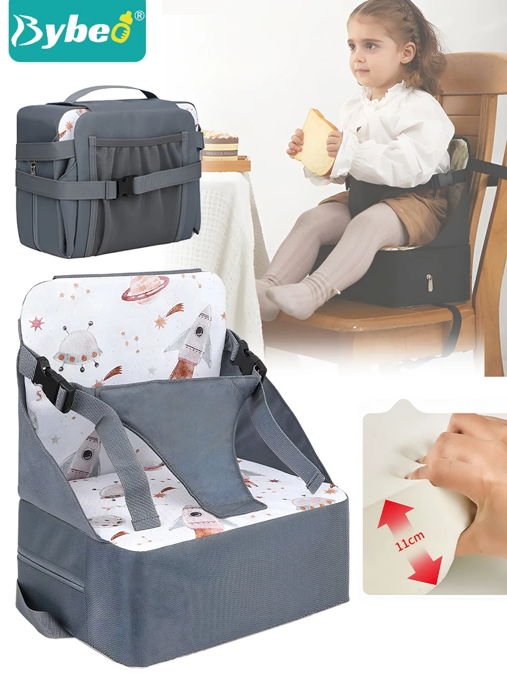 Bybeo Portable Baby Booster Seat with Adjustable Safety Straps (Foldable Travel High Chair for Toddlers) 74ir9