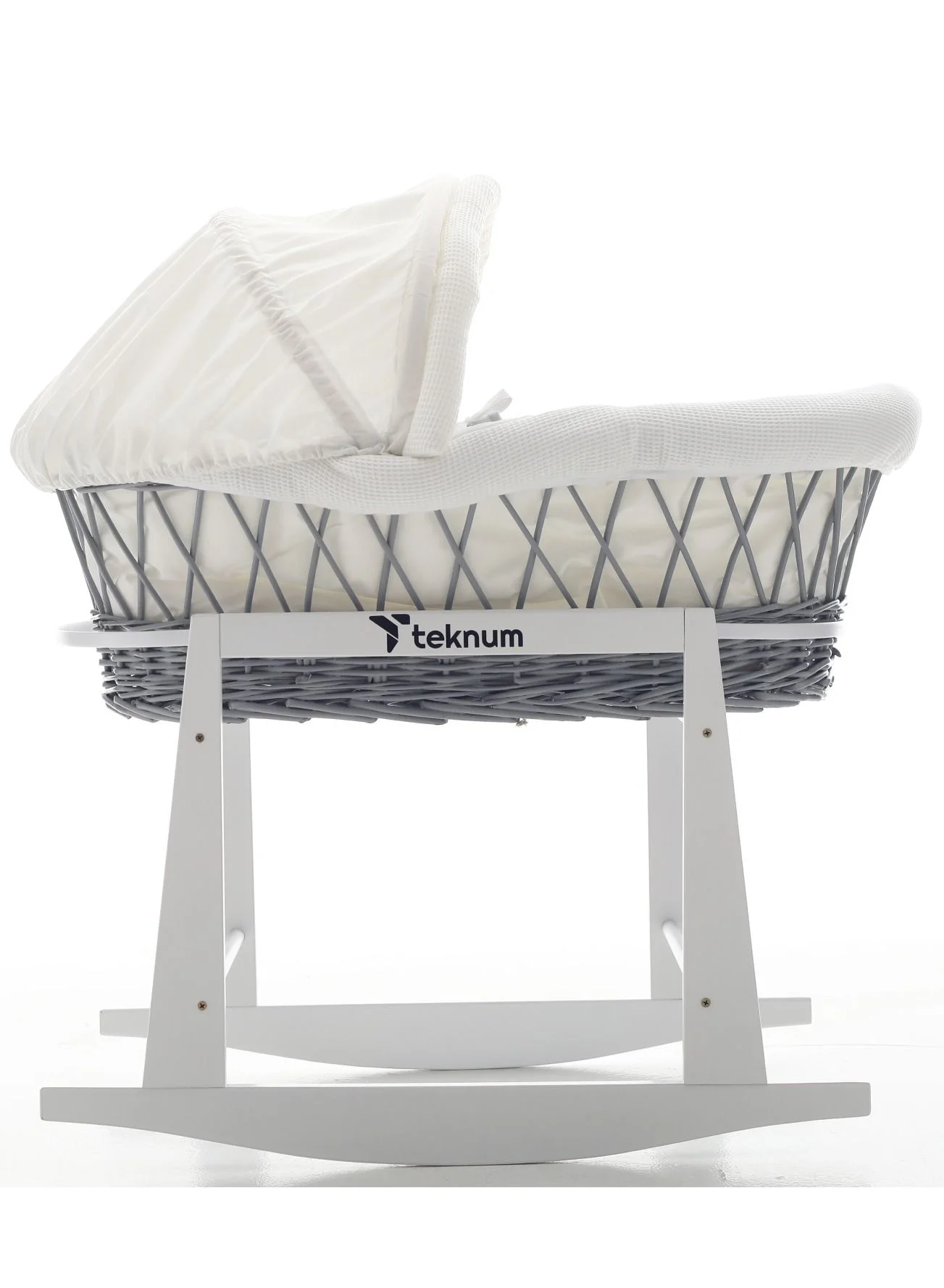 TEKNUM Infant Wicker Moses Basket with White Waffle Bedding and Rocker Stand (Grey, 80 cm x 45 cm) s5bvz