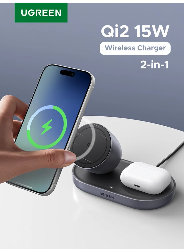 Ugreen 2-in-1 Magnetic Wireless Charging Station 15W Fast Charger Stand for Smartphones and Earbuds (Grey, 1m Cable) pwsbs