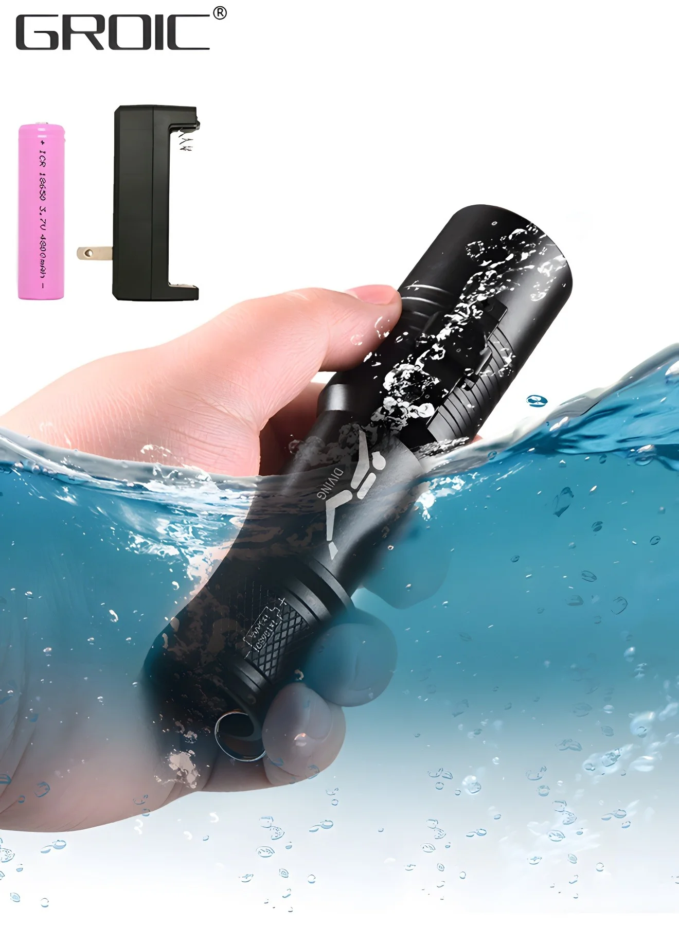 GROIC LED Diving Flashlight Underwater Torch (Rechargeable, Waterproof, Alloy, 15 cm) j45zw