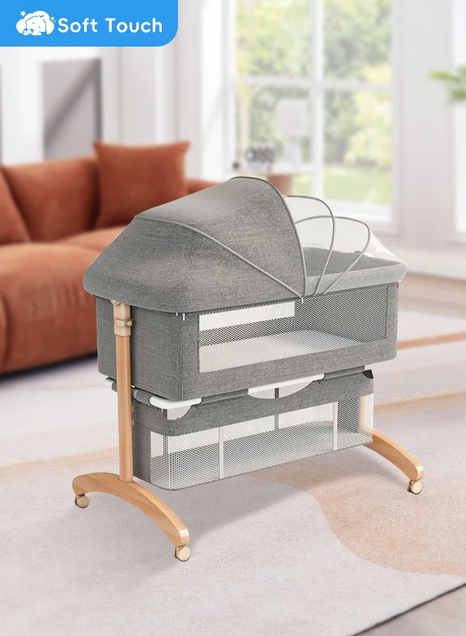 Soft Touch Baby Bedside Bassinet with Wheels and Storage Basket Foldable Crib for Newborns (Grey, 90x50x80 cm) 8xwmz