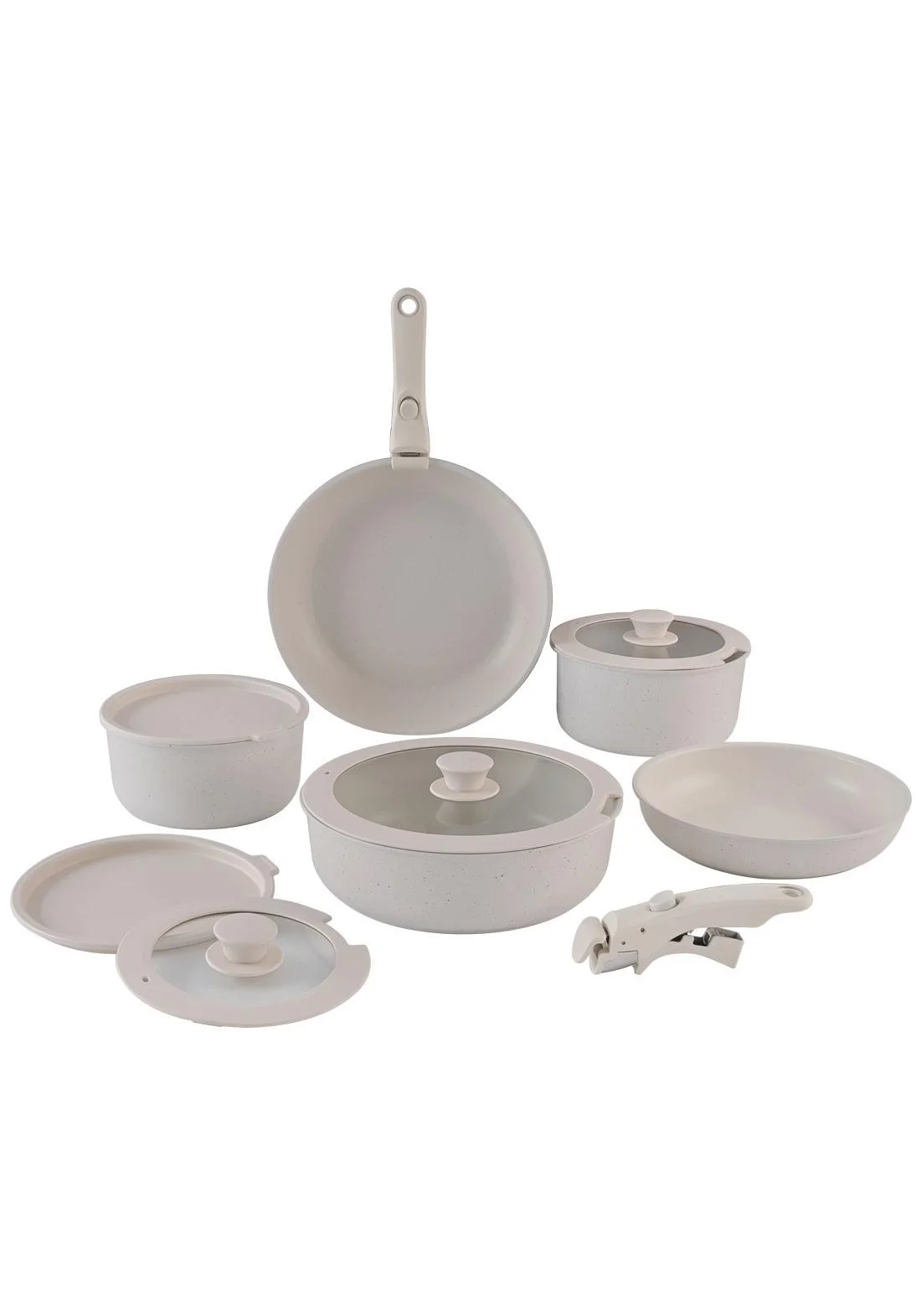 Premium 12-Piece Detachable Granite Cookware Set Non-Stick Aluminum Pots and Pans with Tempered Glass Lids (Ivory, 12-Piece) smxml