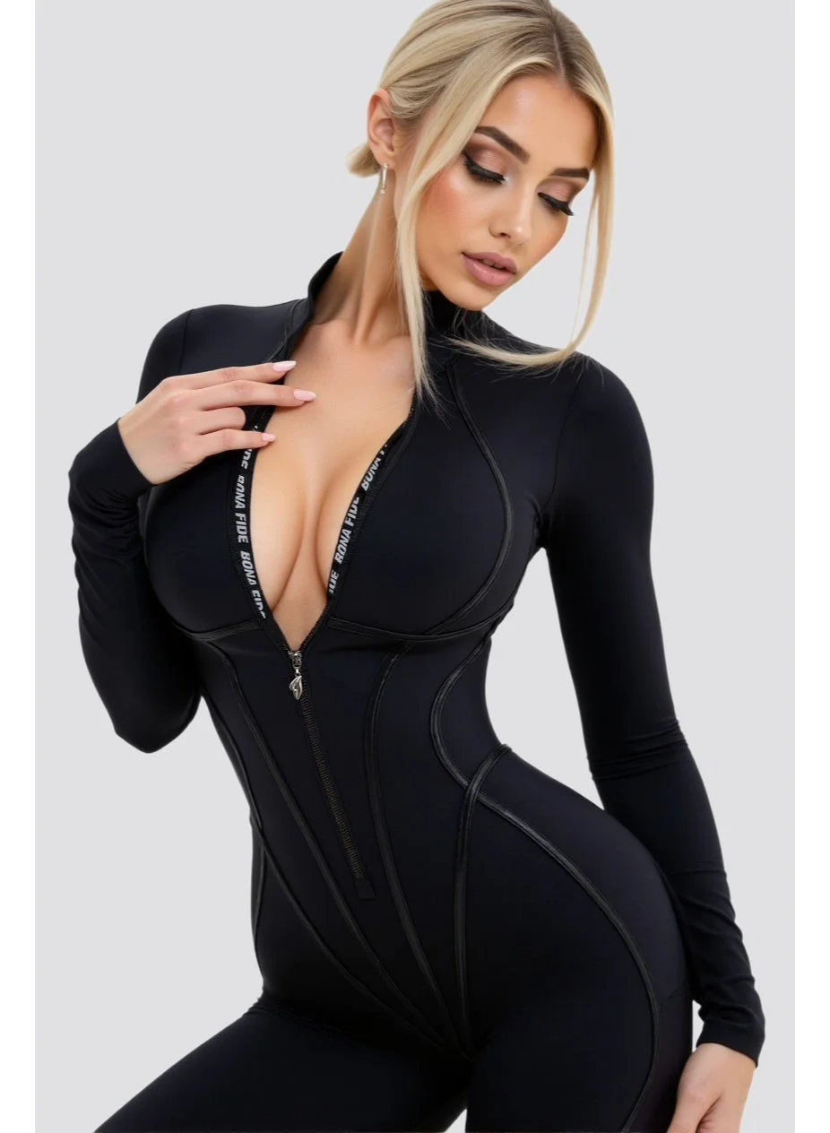 Premium Long Sleeve Athletic Jumpsuit for Women Sculpting Compression Bodysuit for Gym Yoga (Black, Medium) oztc5