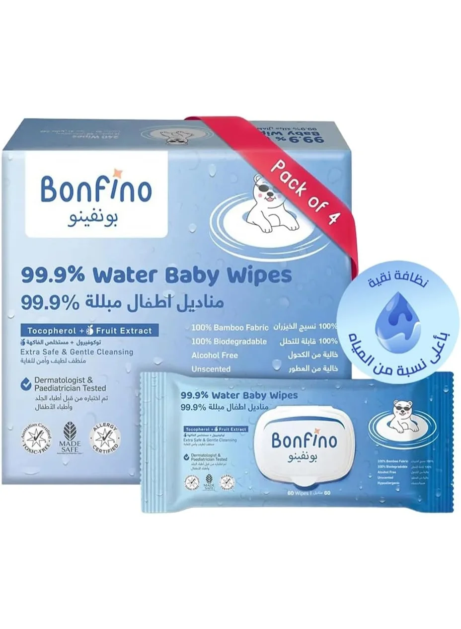 Bonfino Hypoallergenic Water Baby Wipes (Biodegradable Bamboo, 240 Pieces, Pack of 4) 5i55f