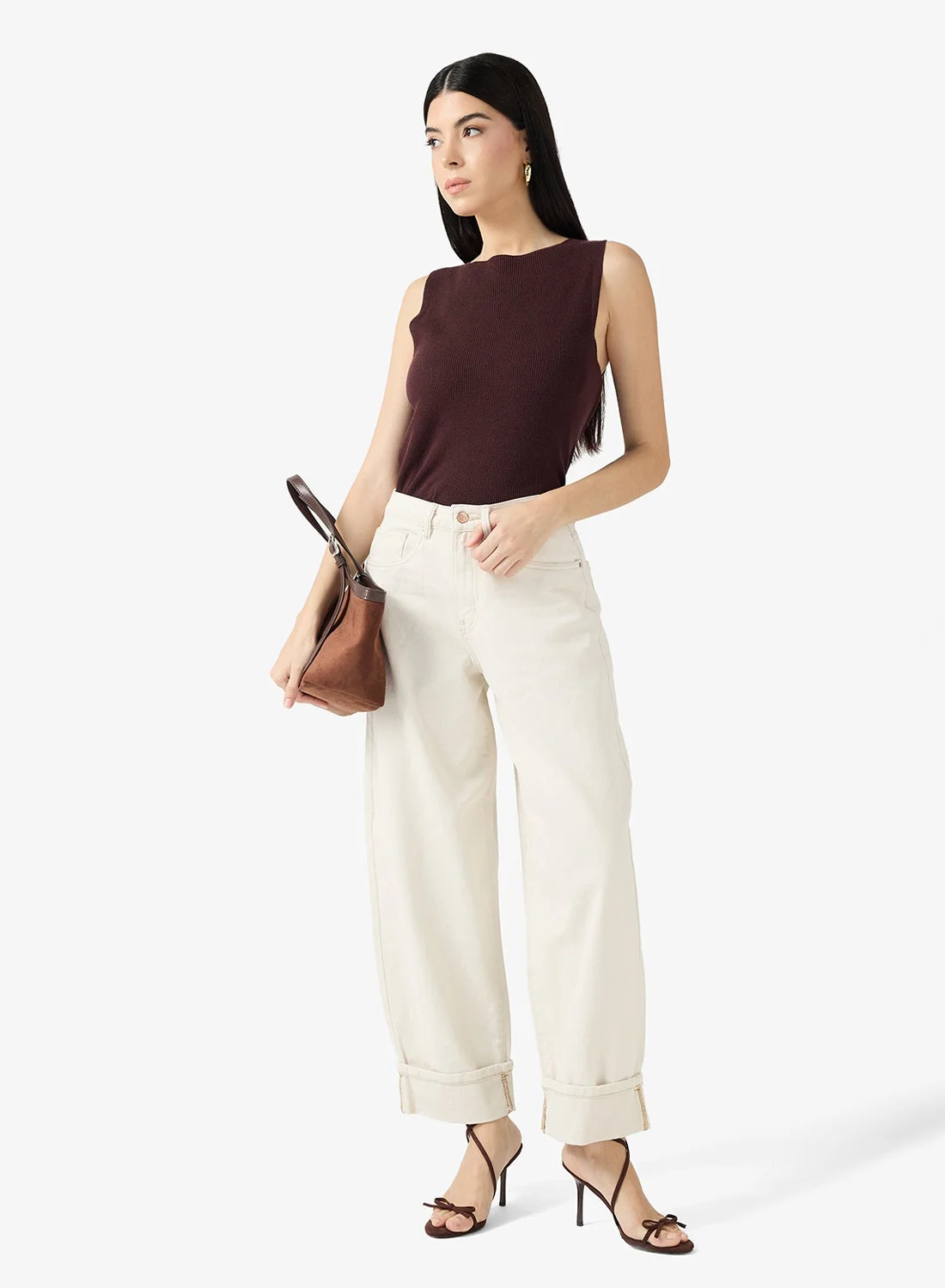 Vero Moda Barrel Fold Up Jeans Premium Denim High-Waisted Trousers for Women ppsgm
