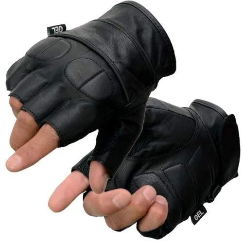 Premium Leather Fingerless Motorcycle Gloves with Gel Palms for Men (Black, Large) zq7wh