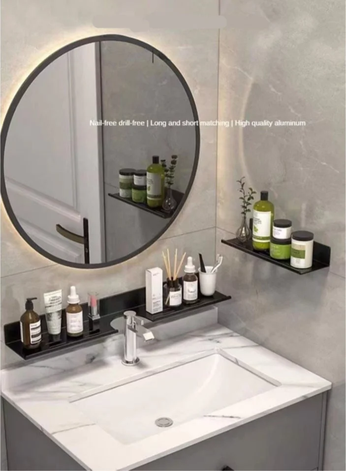 Kutis Bathroom Organizer Shelf Wall Mounted Storage Rack (Black, 60 x 10 x 2.5 cm, 2-Piece Set) tqa7v