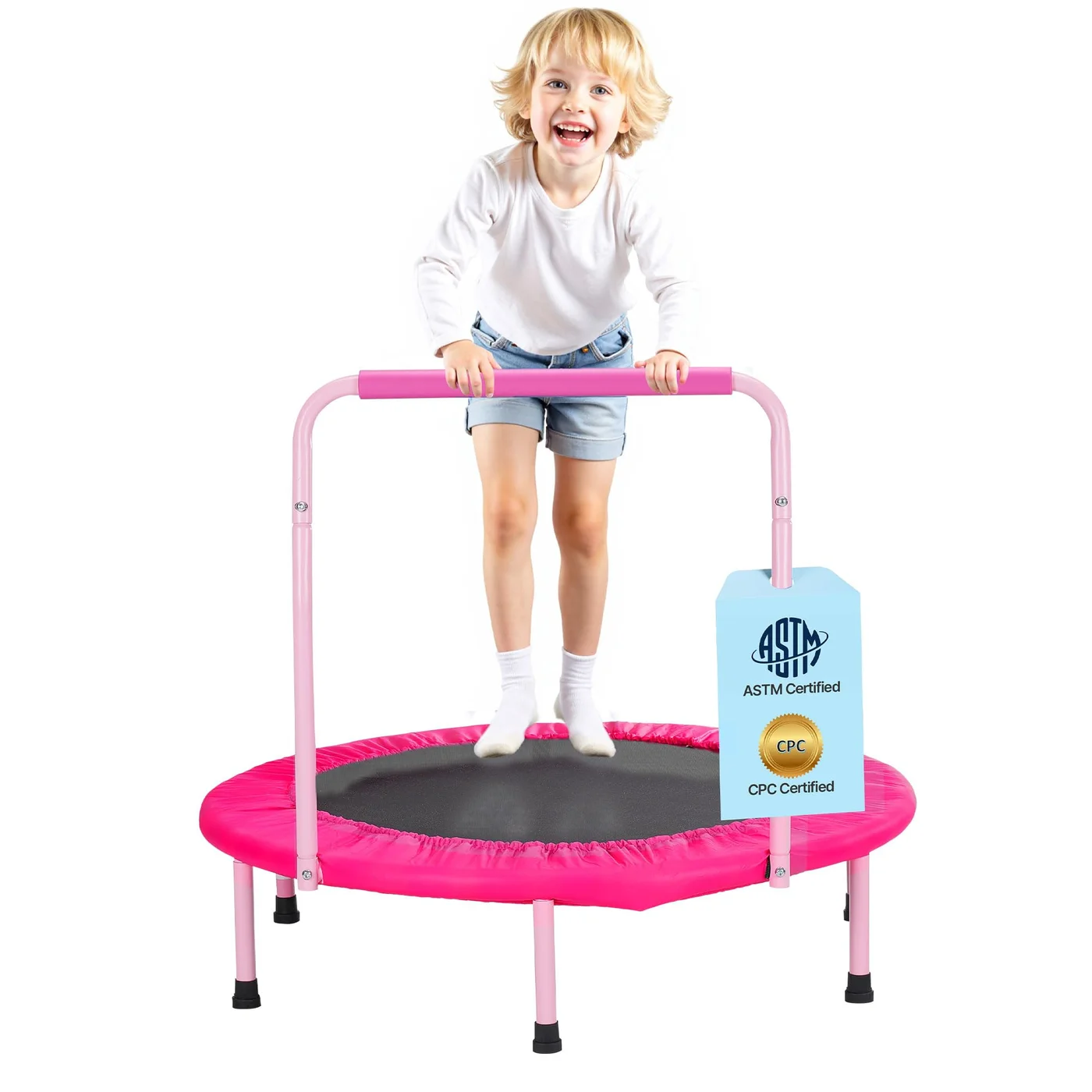 Premium Kids Foldable Trampoline with Safety Handle (Pink, 91 cm) 7f7d9