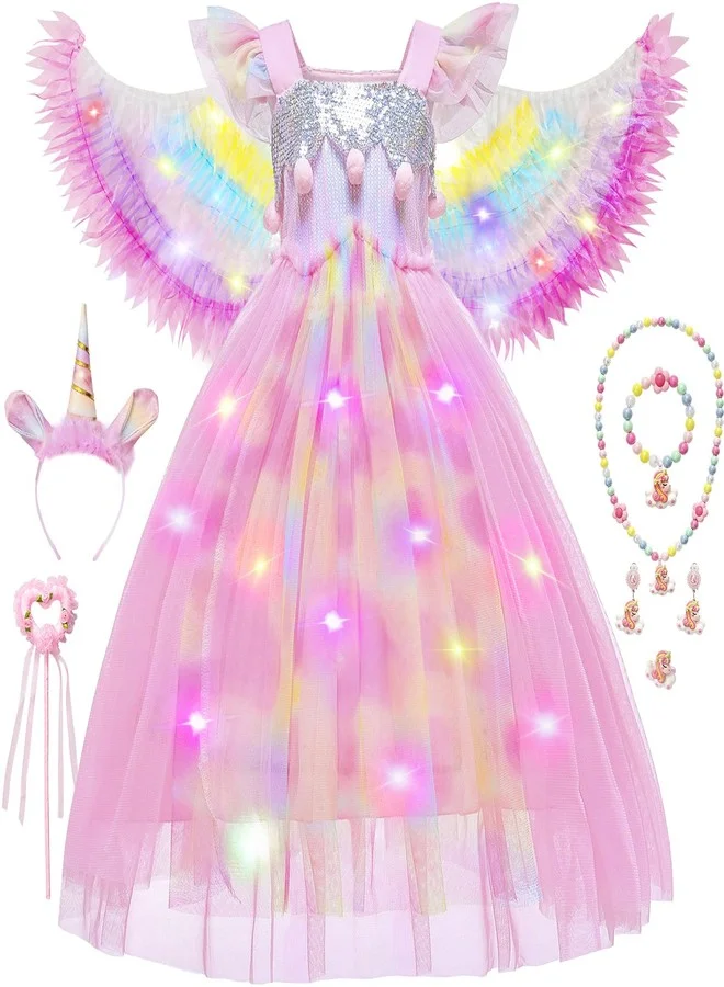 Latocos Unicorn Princess Costume Set with Light Up Rainbow Dress and Fairy Wings for Girls (110 cm) dva6x