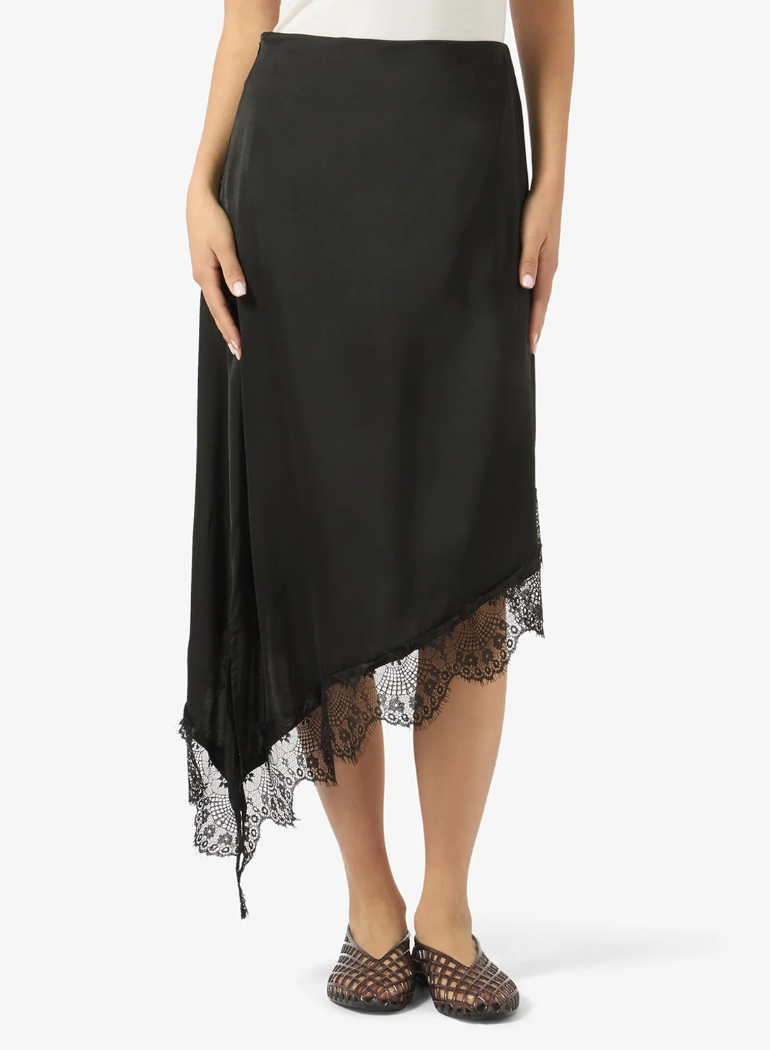 Ginger Satin Asymmetric Skirt with Lace Hem Elegant Flowy Midi Skirt for Women (Black, Medium) 6nlua